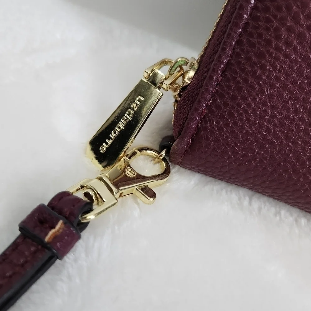 Liz Claiborne Erica Zip Around Faux Leather Gold Dark Wine Wristlet Wallet